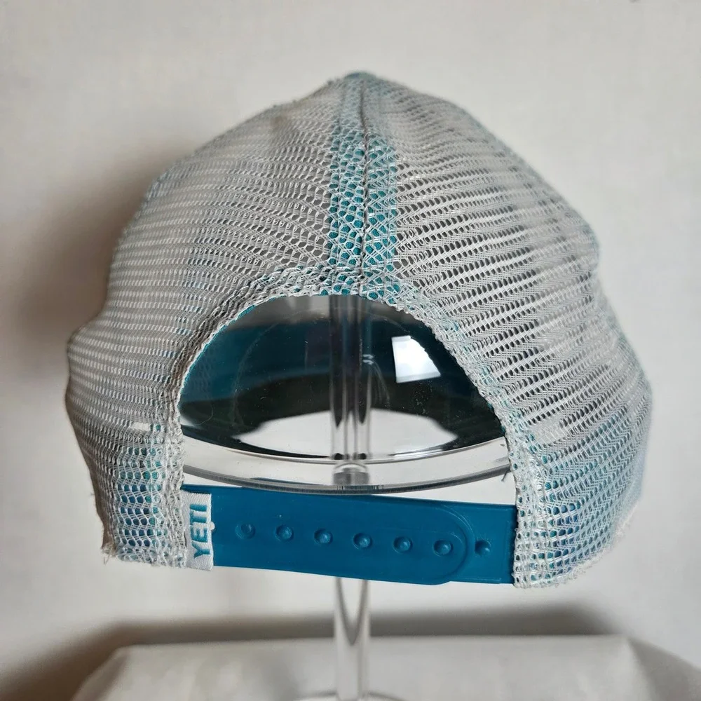 YETI Coolers Shark Logo Trucker Hat Teal Blue White Mesh Snapback Cap Beach - Picture 8 of 8